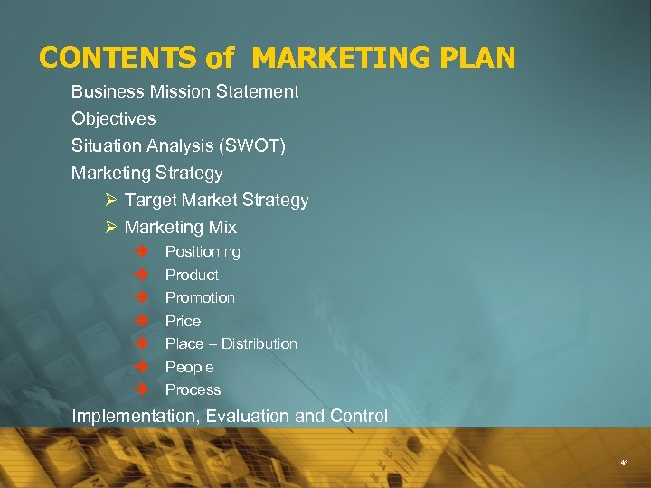 CONTENTS of MARKETING PLAN Business Mission Statement Objectives Situation Analysis (SWOT) Marketing Strategy Ø