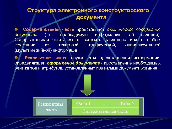 Структура электронного конструкторского документа Содержательная часть представляет техническое содержание документа (т. е. необходимую информацию