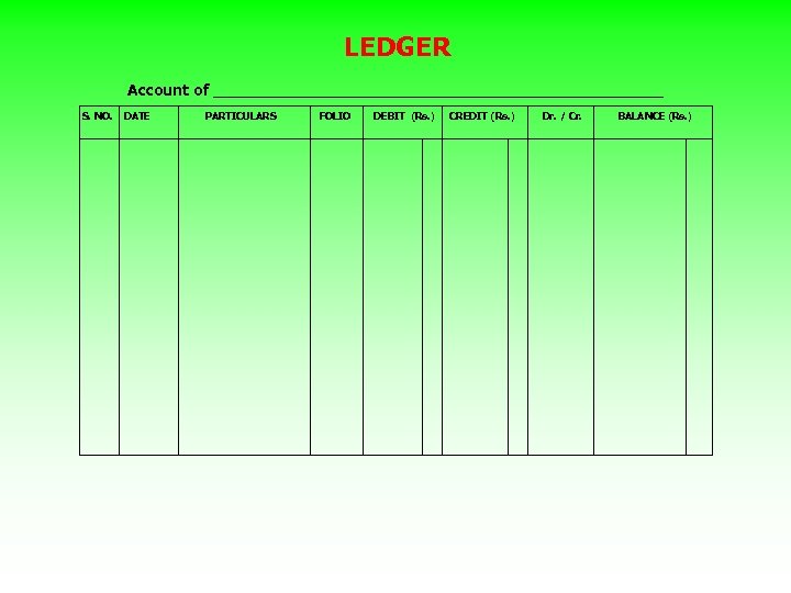 LEDGER Account of _______________________ S. NO. DATE PARTICULARS FOLIO DEBIT (Rs. ) CREDIT (Rs.