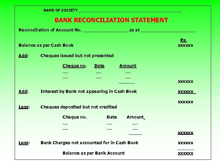 NAME OF SOCIETY ______________________ BANK RECONCILIATION STATEMENT Reconciliation of Account No. _________as at __________