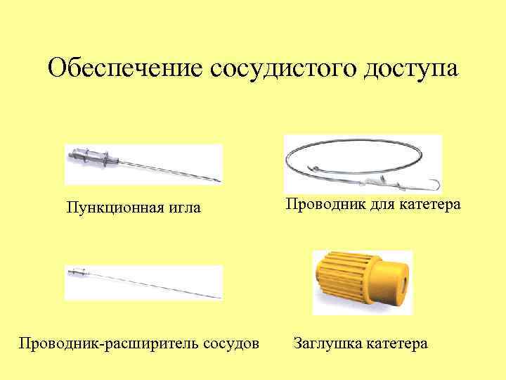 Обеспечение сосудистого доступа Пункционная игла Проводник-расширитель сосудов Проводник для катетера Заглушка катетера 