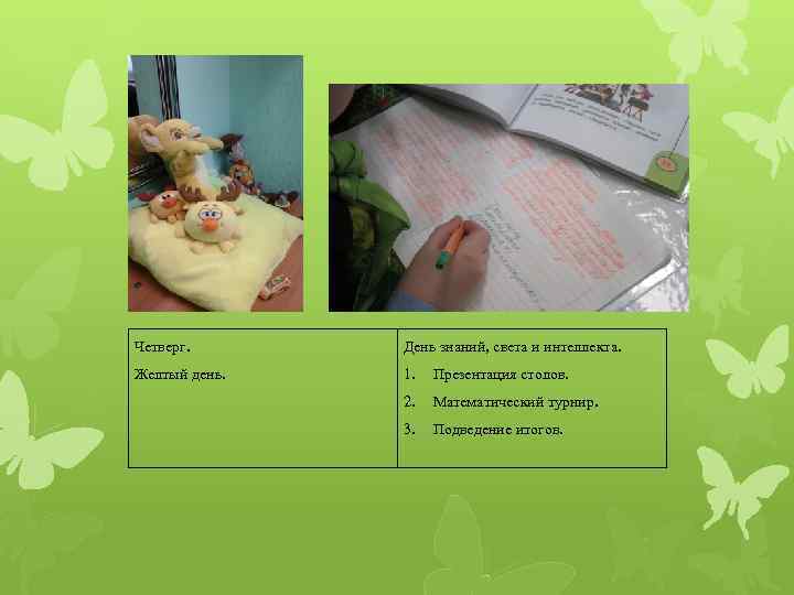 Четверг. День знаний, света и интеллекта. Желтый день. 1. Презентация столов. 2. Математический турнир.