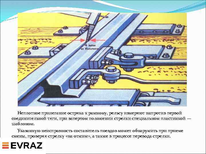 Неплотное прилегание остряка к рамному, рельсу измеряют напротив первой соединительной тяги, при запертом положении