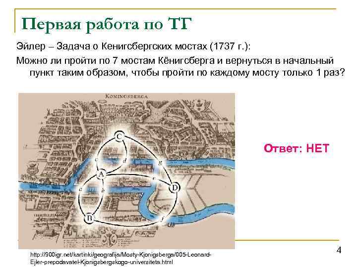 Первая работа по ТГ Эйлер – Задача о Кенигсбергских мостах (1737 г. ): Можно
