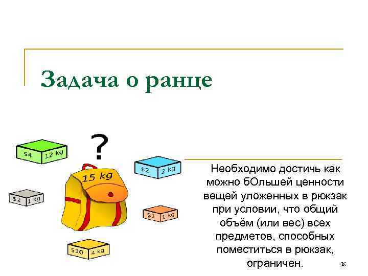 Задача о ранце Необходимо достичь как можно б. Ольшей ценности вещей уложенных в рюкзак