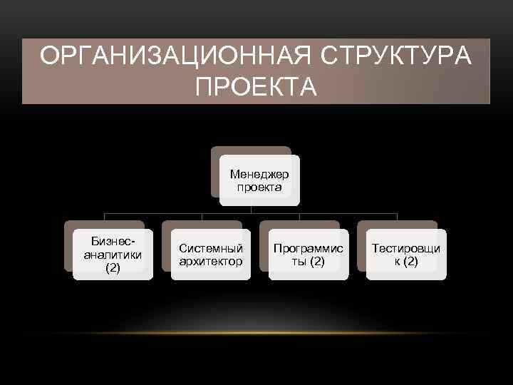 ОРГАНИЗАЦИОННАЯ СТРУКТУРА ПРОЕКТА Менеджер проекта Бизнесаналитики (2) Системный архитектор Программис ты (2) Тестировщи к