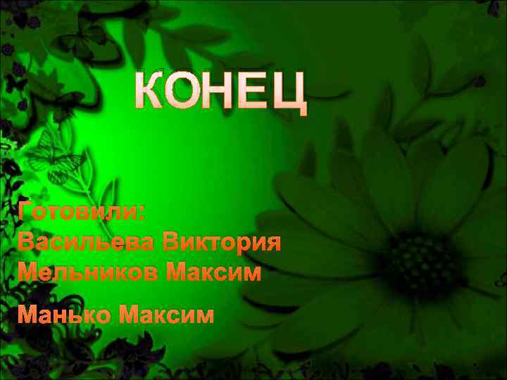КОНЕЦ Готовили: Васильева Виктория Мельников Максим Манько Максим 