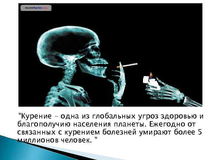  "Курение - одна из глобальных угроз здоровью и благополучию населения планеты. Ежегодно от