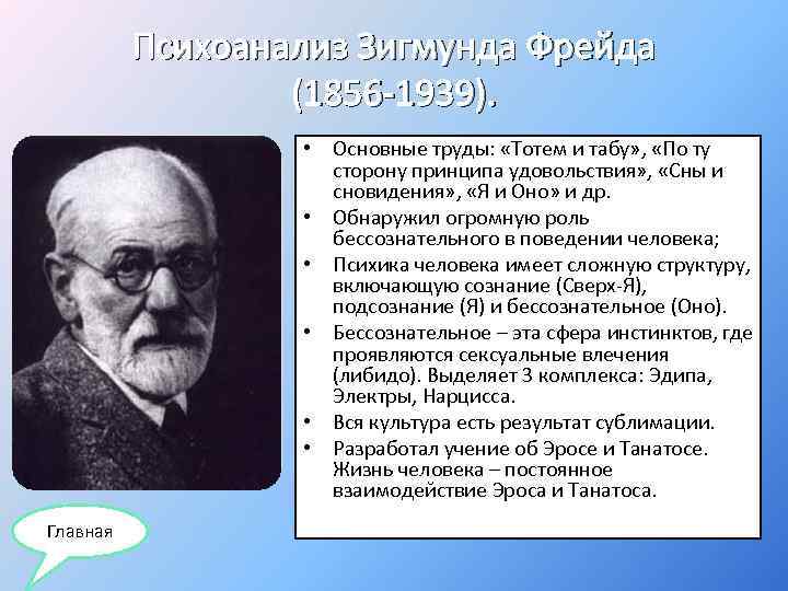 Психоанализ Зигмунда Фрейда (1856 -1939). • Основные труды: «Тотем и табу» , «По ту