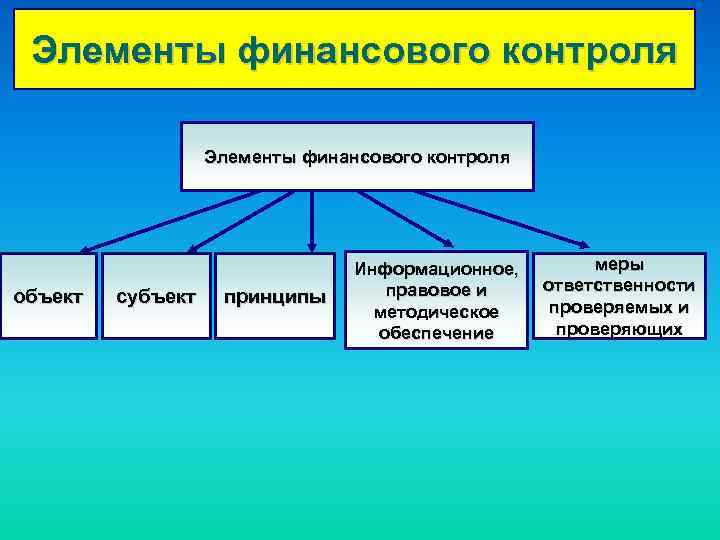 Элементы финансового контроля объект субъект принципы Информационное, правовое и методическое обеспечение меры ответственности проверяемых