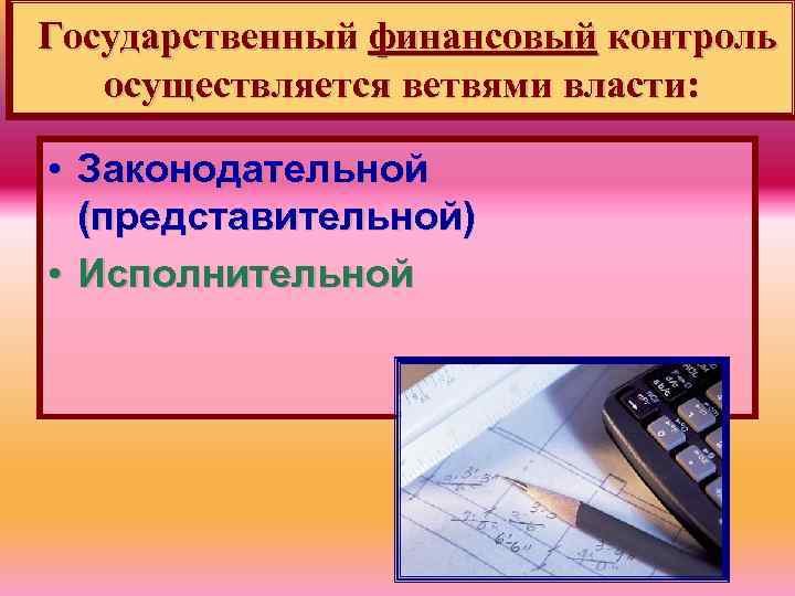 Государственный финансовый контроль осуществляется ветвями власти: • Законодательной (представительной) • Исполнительной 