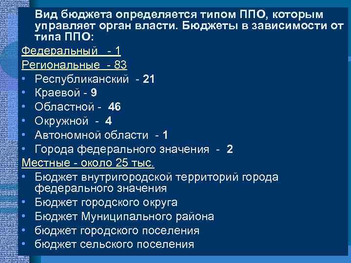 Вид бюджета определяется типом ППО, которым управляет орган власти. Бюджеты в зависимости от типа