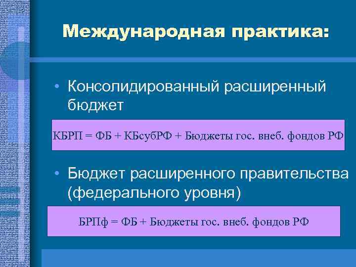Международная практика: • Консолидированный расширенный бюджет КБРП = ФБ + КБсуб. РФ + Бюджеты