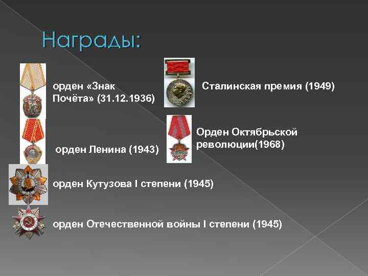 Награды: орден «Знак Почёта» (31. 12. 1936) орден Ленина (1943) Сталинская премия (1949) Орден