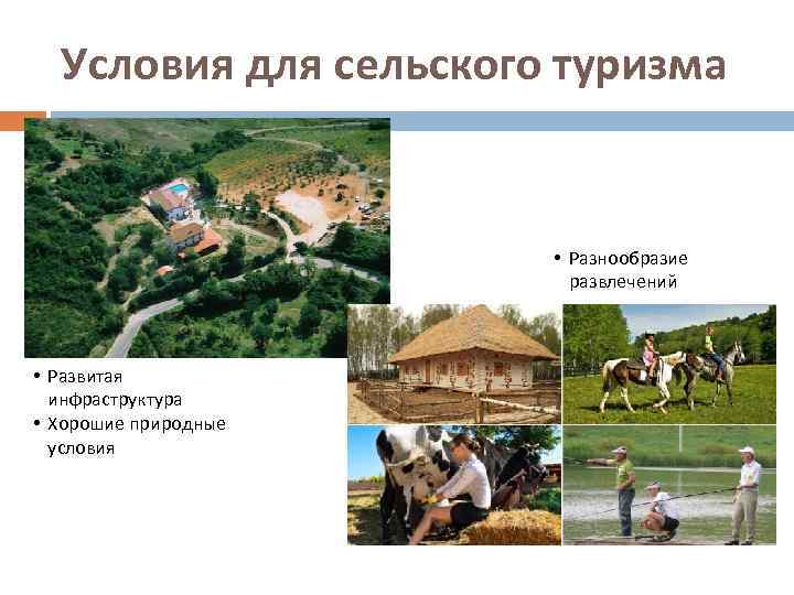 Условия для сельского туризма • Разнообразие развлечений • Развитая инфраструктура • Хорошие природные условия