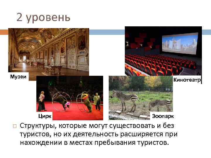 2 уровень Музеи Кинотеатр Цирк Зоопарк Структуры, которые могут существовать и без туристов, но