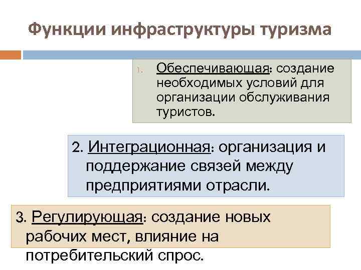 Функции инфраструктуры туризма 1. Обеспечивающая: создание необходимых условий для организации обслуживания туристов. 2. Интеграционная: