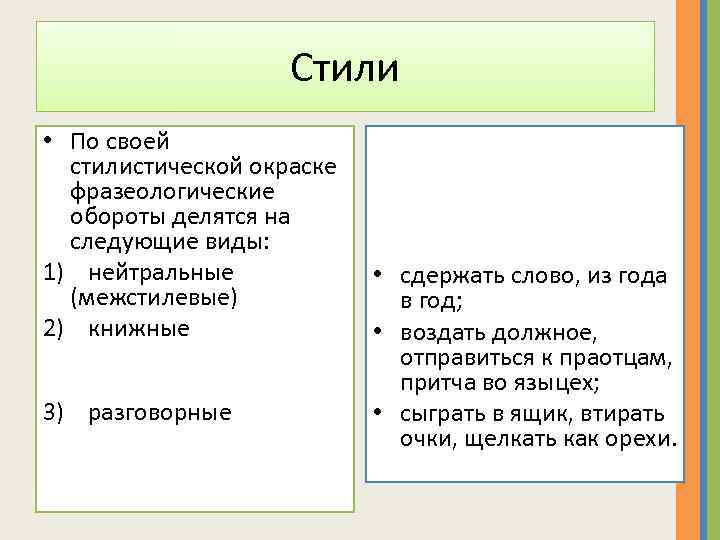 Стили • По своей стилистической окраске фразеологические обороты делятся на следующие виды: 1) нейтральные