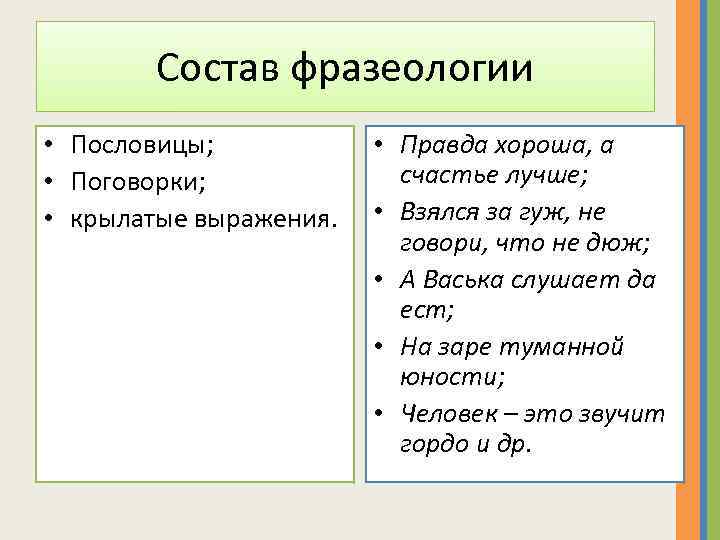 Состав фразеологии • Пословицы; • Поговорки; • крылатые выражения. • Правда хороша, а счастье