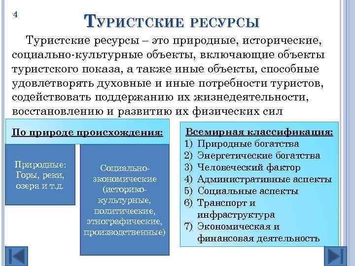 4 ТУРИСТСКИЕ РЕСУРСЫ Туристские ресурсы – это природные, исторические, социально-культурные объекты, включающие объекты туристского