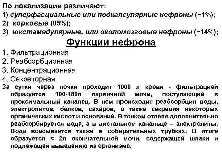 По локализации различают: 1) суперфасциальные или подкапсулярные нефроны (~1%); 2) корковые (85%); 3) юкстамедулярные,