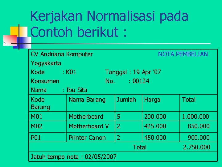 Kerjakan Normalisasi pada Contoh berikut : CV Andriana Komputer Yogyakarta Kode : K 01