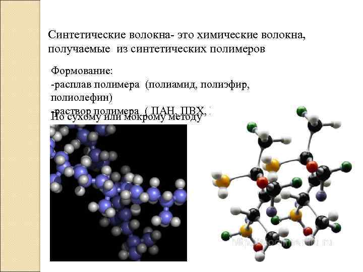 Синтетические волокна- это химические волокна, получаемые из синтетических полимеров Формование: -расплав полимера (полиамид, полиэфир,