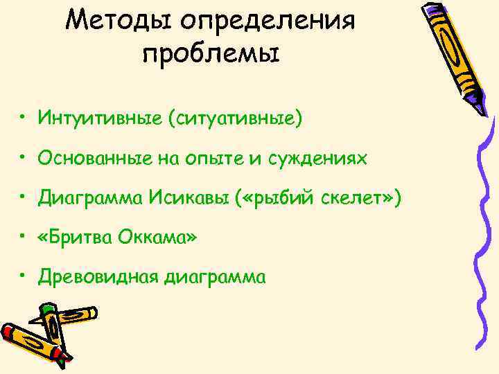 Методы определения проблемы • Интуитивные (ситуативные) • Основанные на опыте и суждениях • Диаграмма