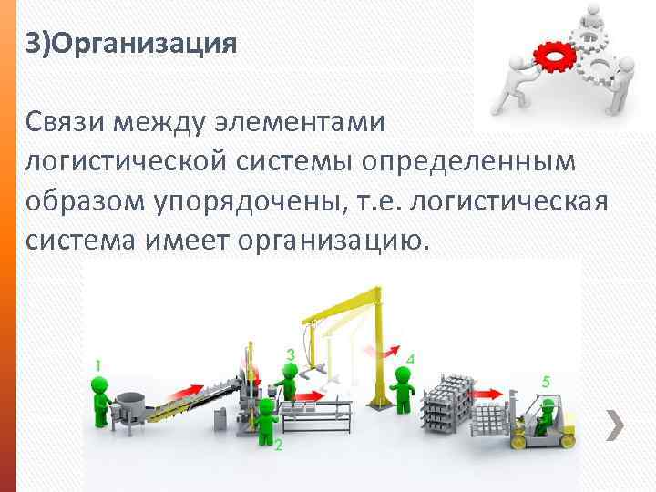 3)Организация Связи между элементами логистической системы определенным образом упорядочены, т. е. логистическая система имеет