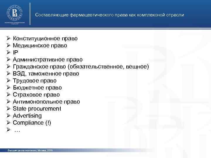 Составляющие фармацевтического права как комплексной отрасли Ø Ø Ø Ø Конституционное право Медицинское право