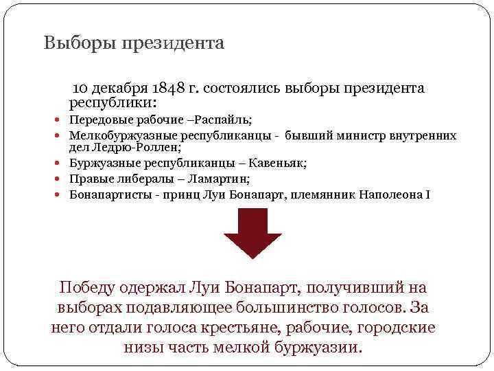 Выборы президента 10 декабря 1848 г. состоялись выборы президента республики: Передовые рабочие –Распайль; Мелкобуржуазные