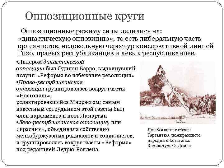 Оппозиционные круги Оппозиционные режиму силы делились на: «династическую оппозицию» , то есть либеральную часть