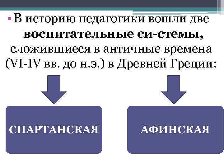  • В историю педагогики вошли две воспитательные си стемы, сложившиеся в античные времена