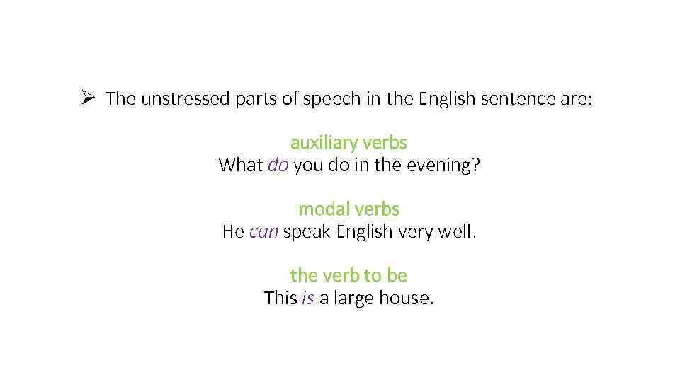 Ø The unstressed parts of speech in the English sentence are: auxiliary verbs What