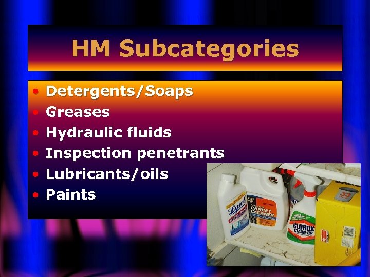 HM Subcategories • • • Detergents/Soaps Greases Hydraulic fluids Inspection penetrants Lubricants/oils Paints 