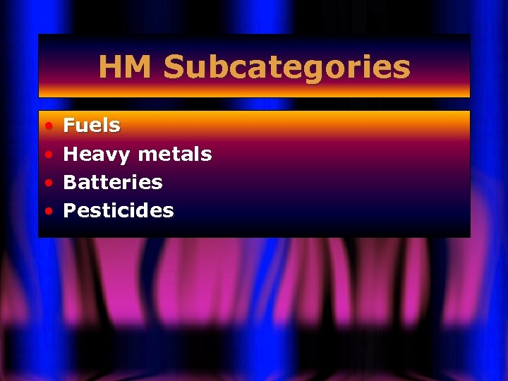 HM Subcategories • • Fuels Heavy metals Batteries Pesticides 