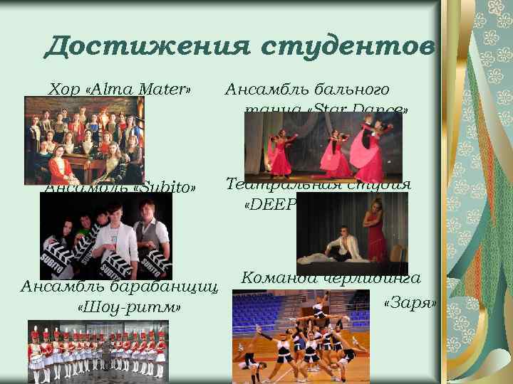 Достижения студентов Хор «Alma Mater» Ансамбль бального танца «Star Dance» Ансамбль «Subito» Театральная студия