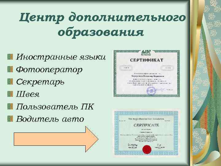 Центр дополнительного образования Иностранные языки Фотооператор Секретарь Швея Пользователь ПК Водитель авто 
