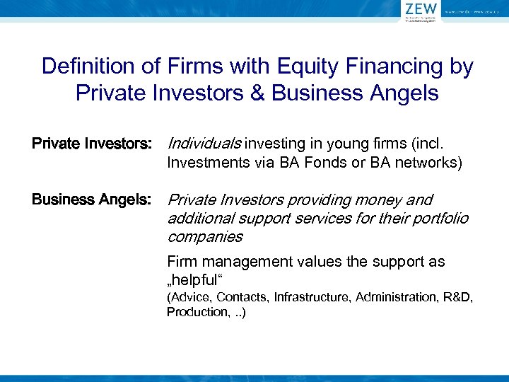 Definition of Firms with Equity Financing by Private Investors & Business Angels Private Investors: