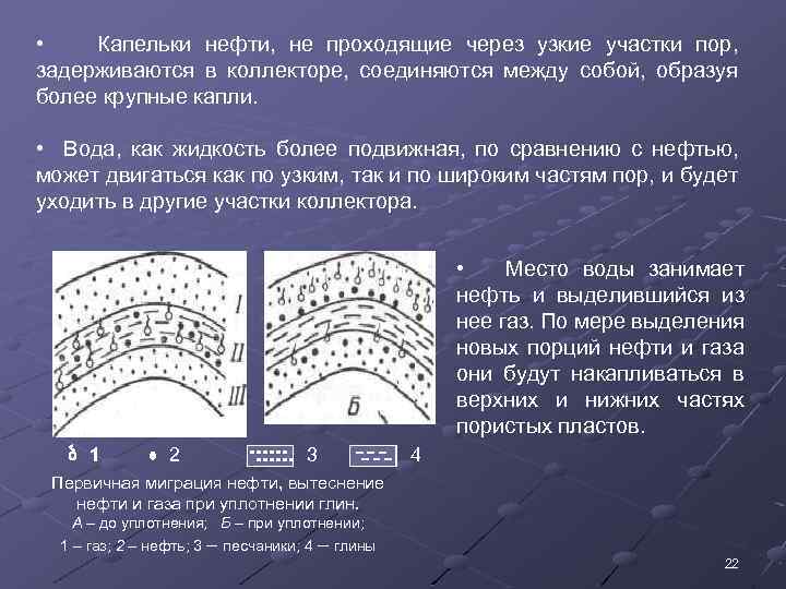  • Капельки нефти, не проходящие через узкие участки пор, задерживаются в коллекторе, соединяются