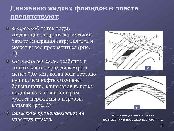 Движению жидких флюидов в пласте препятствуют: встречный поток воды, создающий гидрогеологический барьер (миграция затрудняется