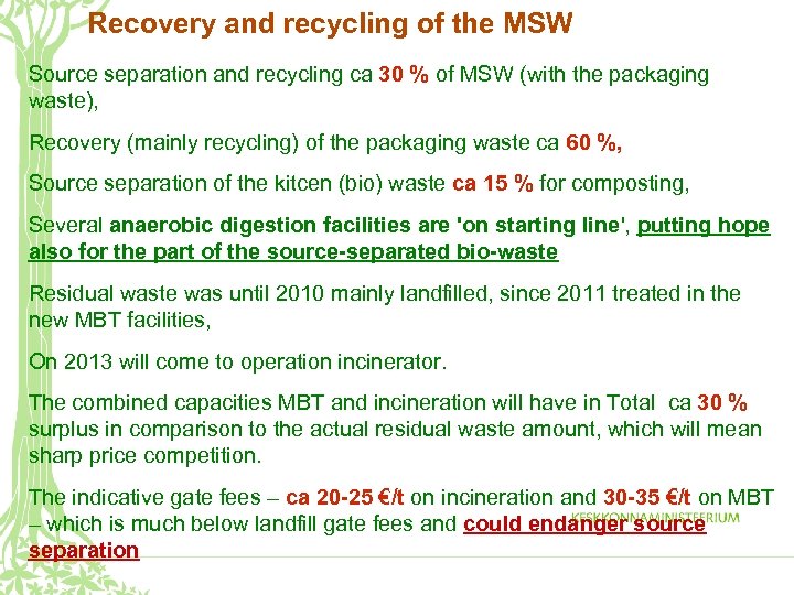 Recovery and recycling of the MSW Source separation and recycling ca 30 % of