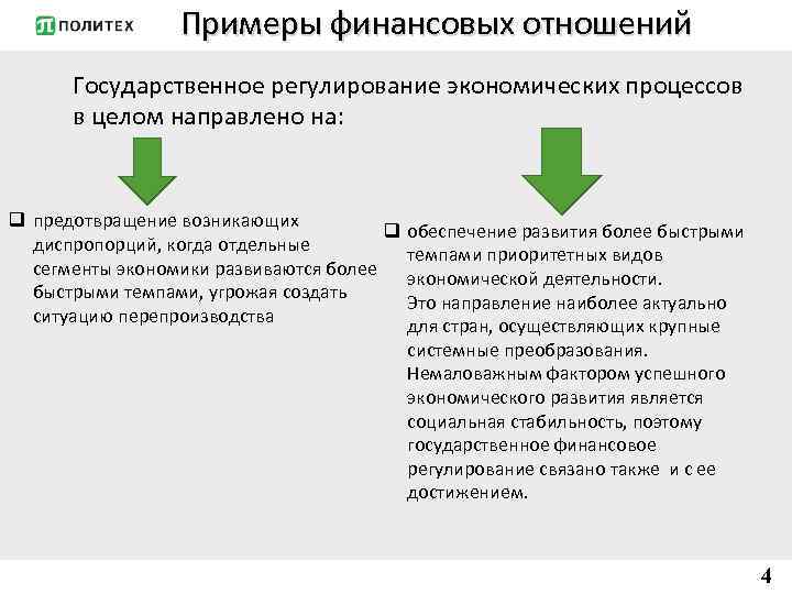 Примеры финансовых отношений Государственное регулирование экономических процессов в целом направлено на: q предотвращение возникающих