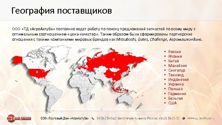 География поставщиков ООО «ТД «Агро. Ахтуба» постоянно ведет работу по поиску предложений запчастей по