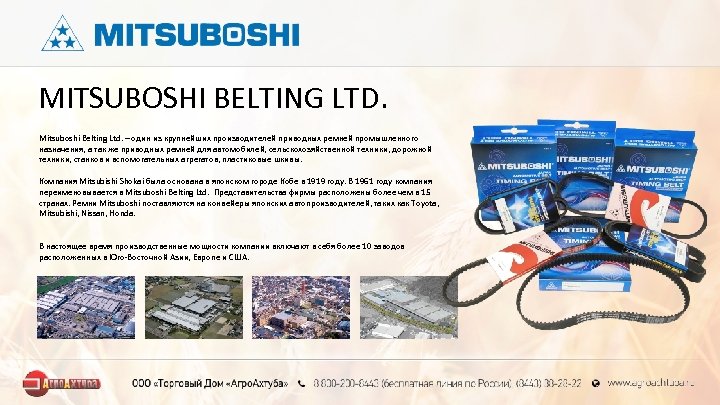MITSUBOSHI BELTING LTD. Mitsuboshi Belting Ltd. – один из крупнейших производителей приводных ремней промышленного