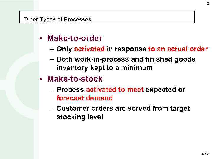 12 Other Types of Processes • Make-to-order – Only activated in response to an