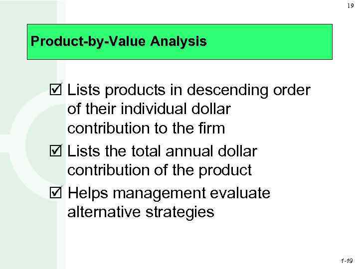 19 Product-by-Value Analysis þ Lists products in descending order of their individual dollar contribution