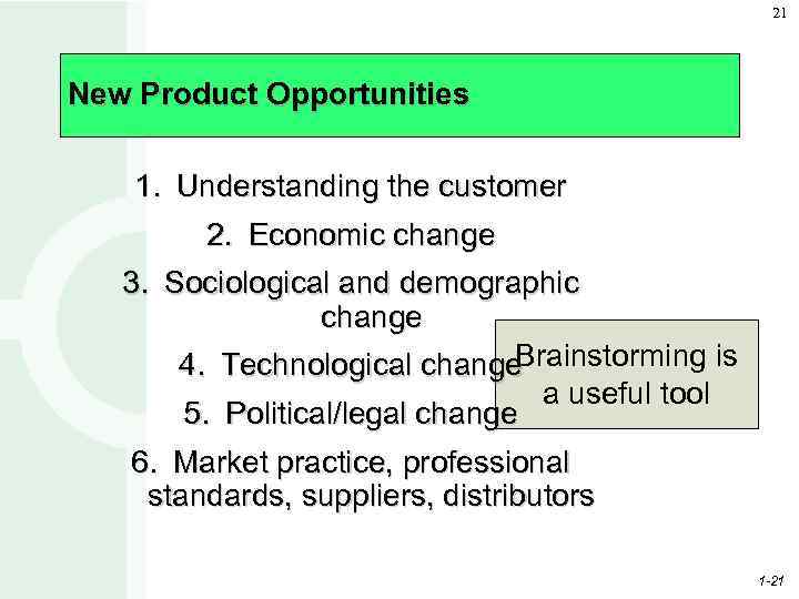 21 New Product Opportunities 1. Understanding the customer 2. Economic change 3. Sociological and