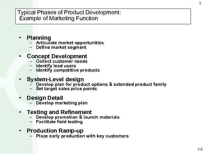 3 Typical Phases of Product Development: Example of Marketing Function • Planning – Articulate