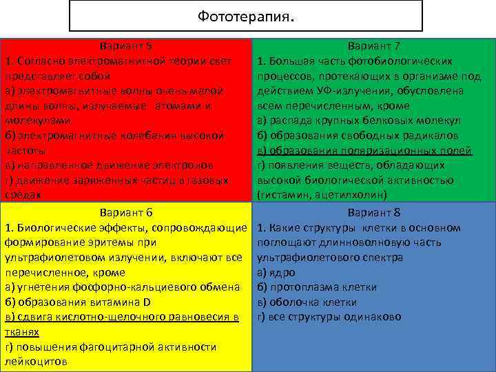 Фототерапия. Вариант 5 1. Согласно электромагнитной теории свет представляет собой а) электромагнитные волны очень